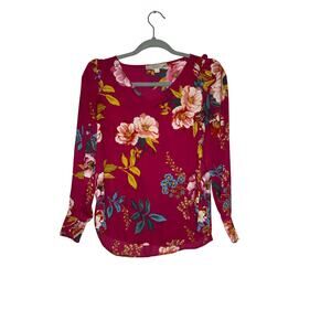 LOFT Petite Dark Pink Floral Long Sleeve V-Neck Blouse XS Petite